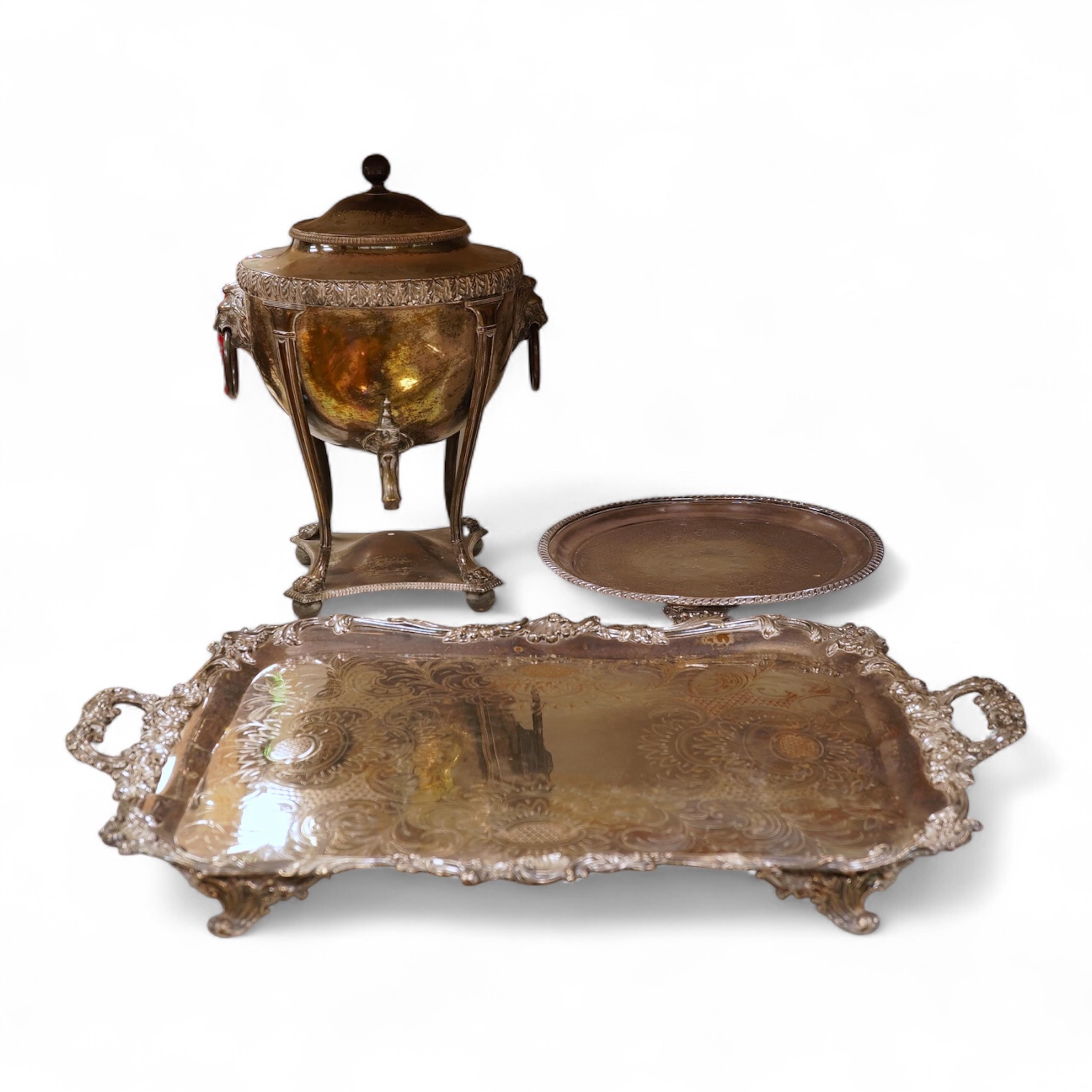 A Regency Old Sheffield Plate samovar and two silver plated trays, largest 70cm